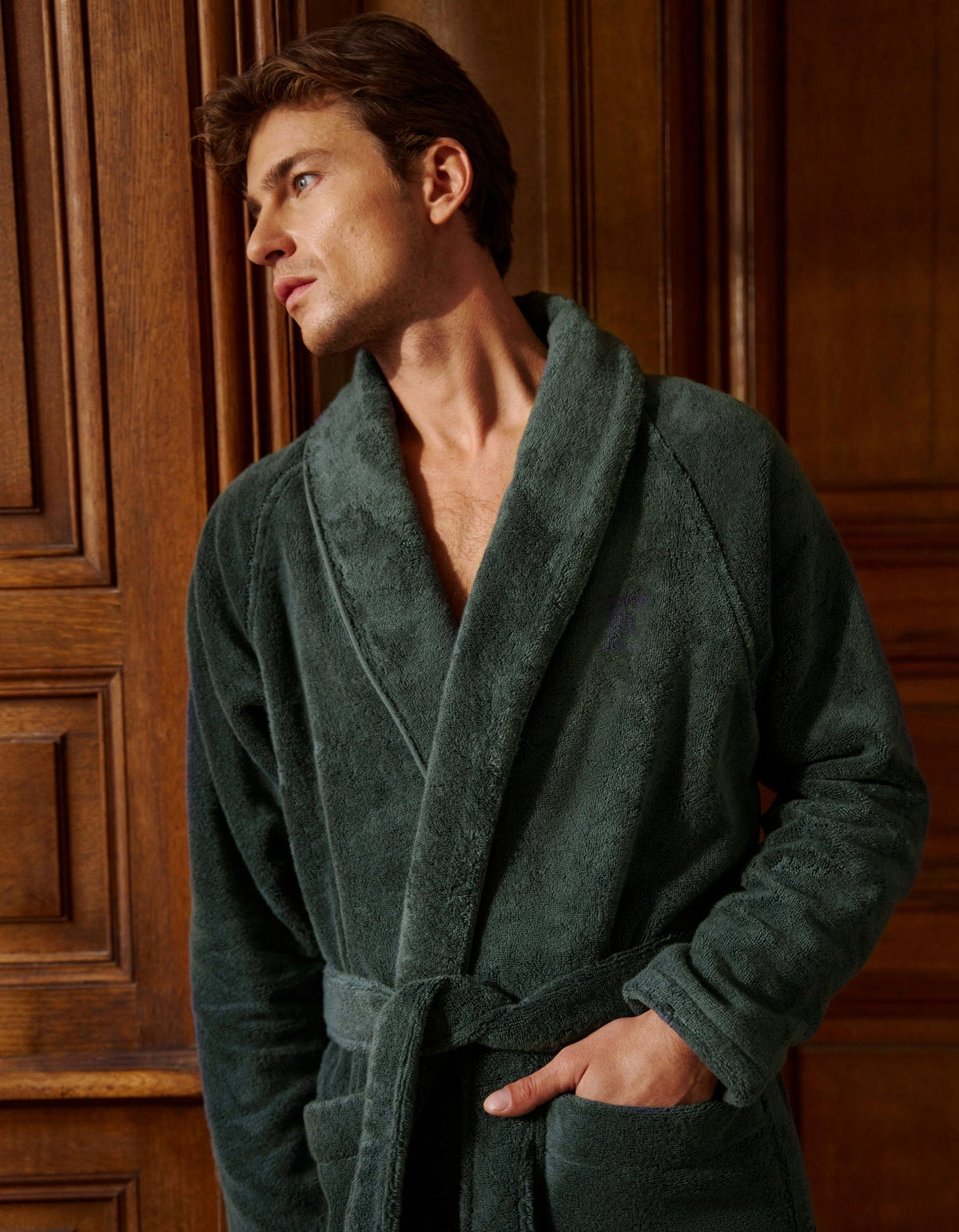 Plush Shawl-Collar Hotel Cotton Bathrobe - Forest Green